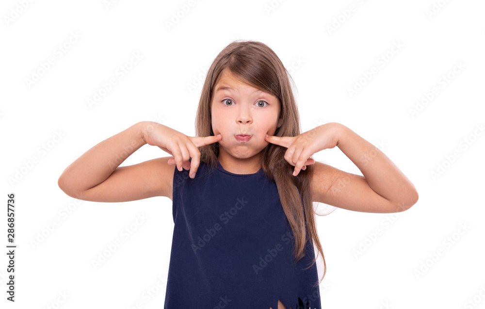 Little girl puffs her cheeks on white background. Little girl puffs her cheeks on white background.