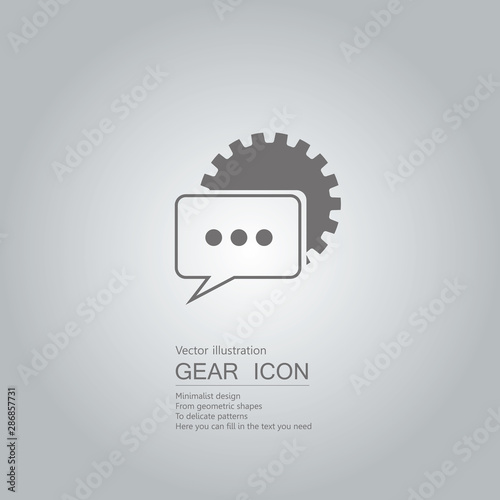 Gears and speech bubbles. The background is a gray gradient.