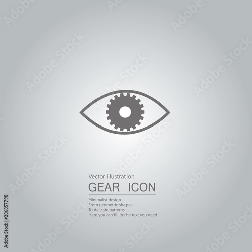 Eyes and gears. The background is a gray gradient.