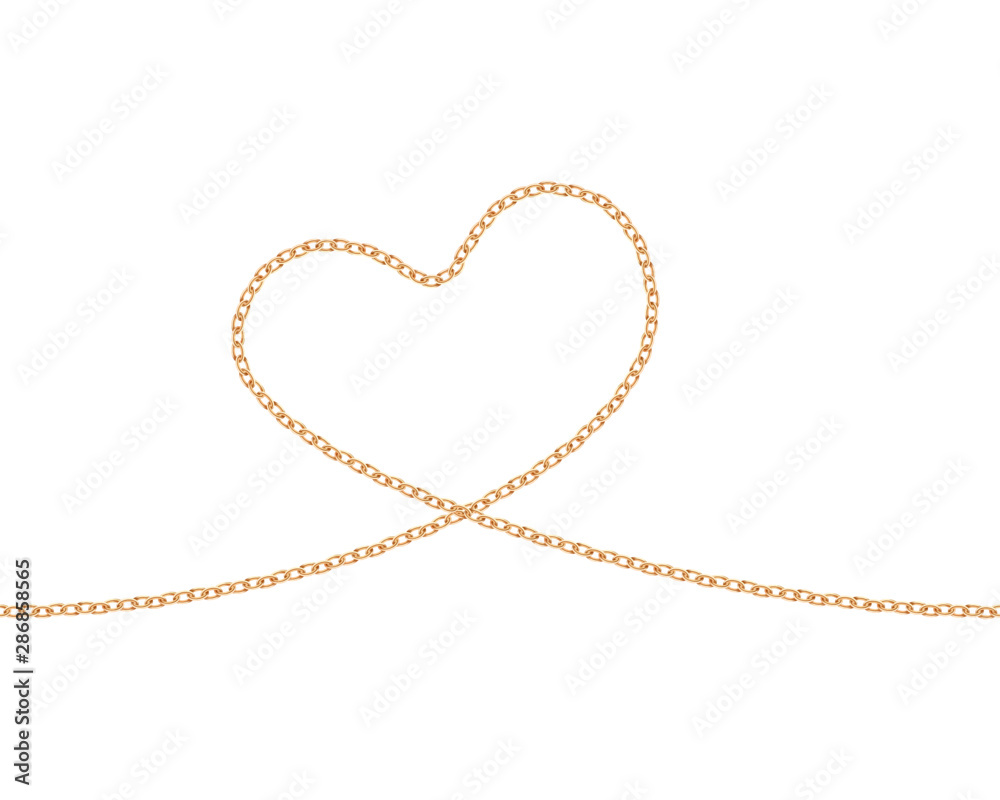 Realistic golden chain texture. Gold chains link heart isolated on white background. Love symbol jewelry chainlet three dimensional design element. Realistic golden chain texture. Gold chains link heart isolated on white background. Love symbol jewelry chainlet three dimensional design element.