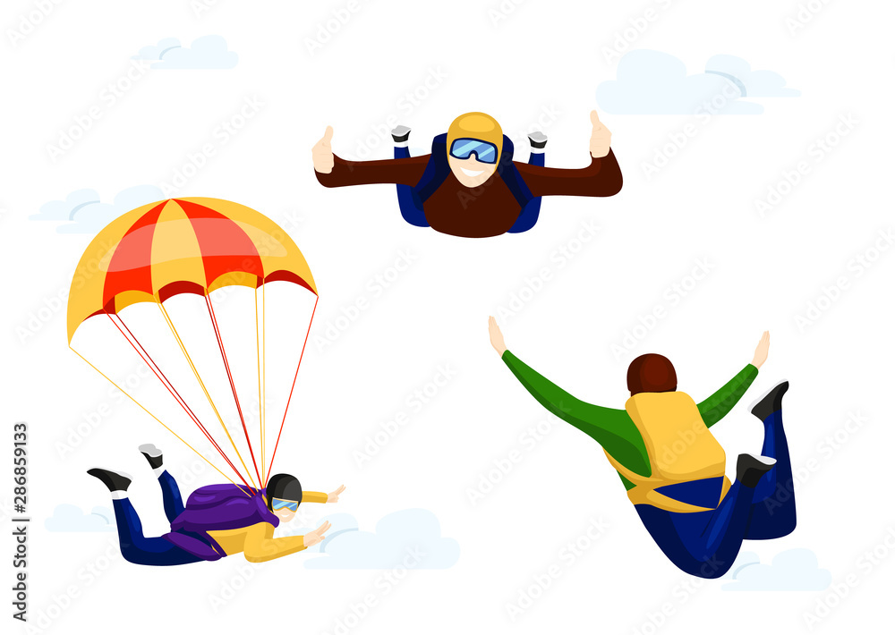 Flat vector set of professional skydivers.