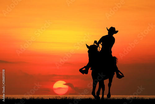 silhouette Cowboy riding a horse on sunrise