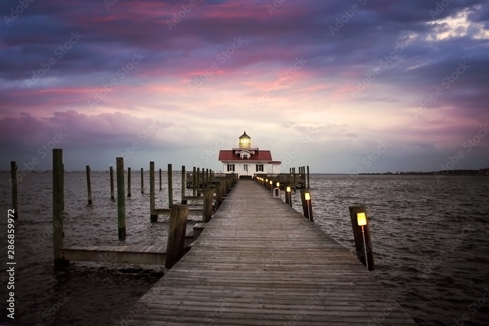 The lighthouse Roanoke Island Festival Park, Outerbanks NC, USA. Soft blurry background.