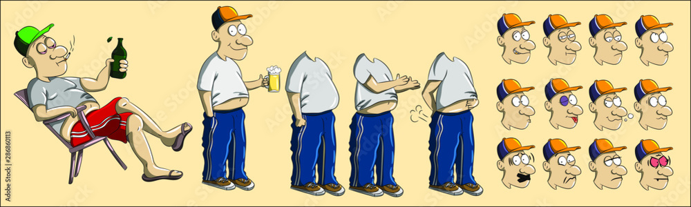 European driver character drawing with different facial expressions and body poses. Cartoon man with blue jeans tracksuit and white shirt and a beer sitting. Emotions and postures human faces grimaces