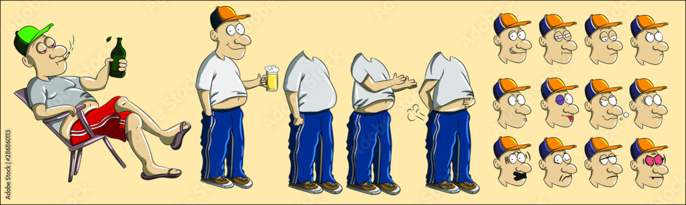 European driver character drawing with different facial expressions and body poses. Cartoon man with blue jeans tracksuit and white shirt and a beer sitting. Emotions and postures human faces grimaces European driver character drawing with different facial expressions and body poses. Cartoon man with blue jeans tracksuit and white shirt and a beer sitting. Emotions and postures human faces grimaces
