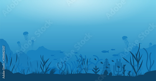 Underwater ocean scene. Deep blue water, coral reef and underwater plants with fish, jellyfish. Marine water life and ground with rocks. Modern flat wide illustration.