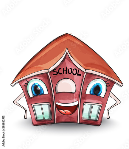 School house Vector. Cartoon characters illustration. Red buildings