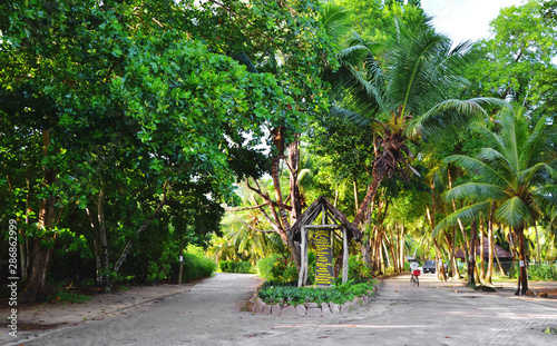 La Digue, Seychelles:  Entry to Union Estate Park with coconut  Palm Trees, vanilla plantation and lush green vegetation