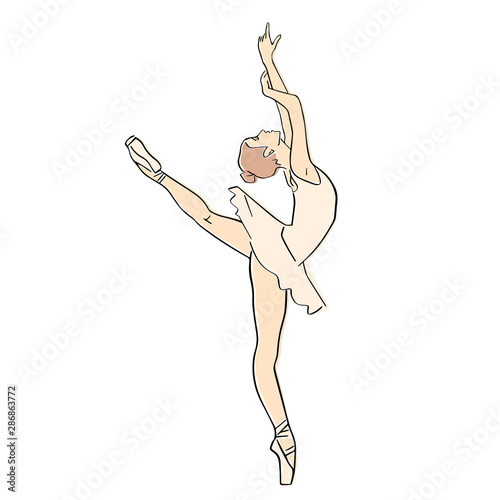 Ballerina in ballet tutu and pointe shoes on her toes. Classical dancer silhouette in elegant pose. Vector flat illustration. Isolated hand drawn black contour and pastel colors.