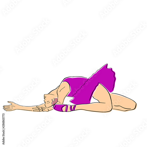 Ballerina in ballet tutu and pointe shoes on her toes. Classical dancer silhouette in elegant pose. Vector flat illustration. Isolated hand drawn black contour and bright colors.