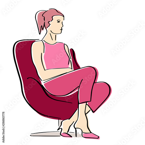 Young woman sitting in armchair in a closed pose. Silhouette of the interviewer, interviewee, correspondent, questioner or TV host.  Vector flat illustration. Isolated hand drawn style.
