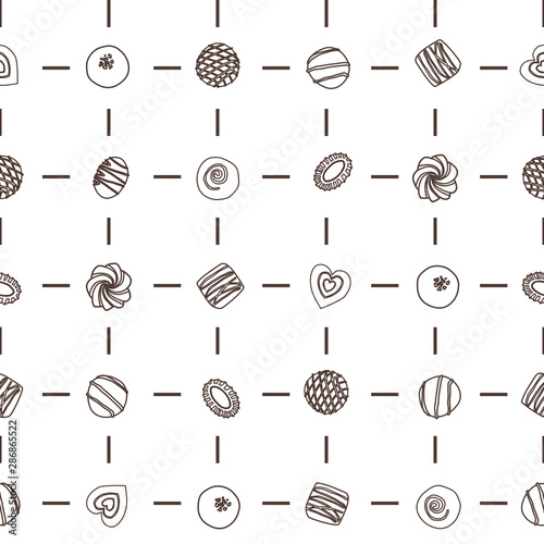 Hand drawn vector collection chocolate candies. Vector bonbon seamless pattern. Background with milk, dark and white chocolate pralines.  Vector isolated cocoa production. Outline Background