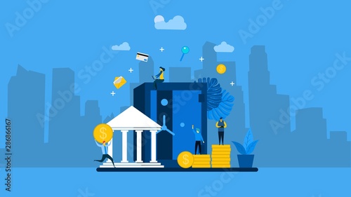 website or landing page of Big bankers are involved in work, saving or raising money with Tiny People Character Concept Vector Illustration, Suitable For web landing page,Wallpaper, Background, Card, 