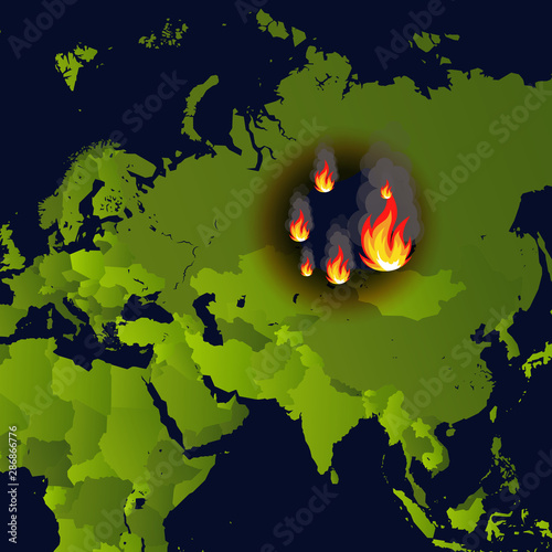 Forest fires banner, fire place on map, disaster in russian siberia news, paper that burns smokes and smolders from fire, vector illustration.