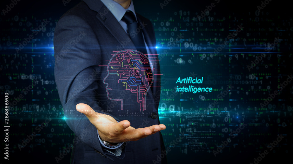 Fotografie Businessman touch screen with artificial intelligence hologram