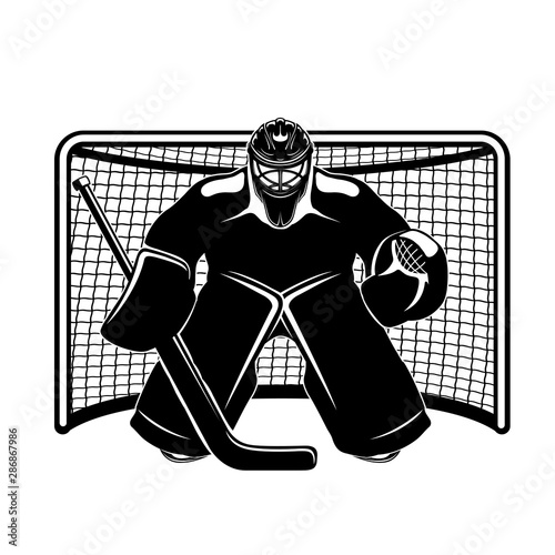 Hockey goalkeeper in goal on white background.