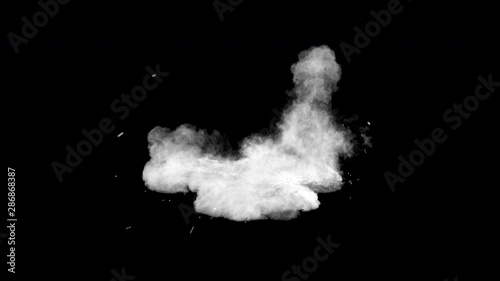 Bullet hits yellow powder causing dusty burst and scattering of pieces. The dust settles on the ground. Separated on pure black background, contains alpha channel.