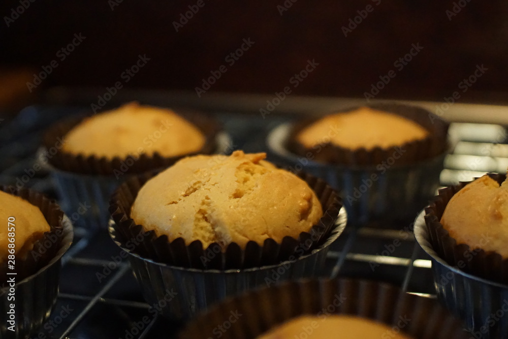 Close up Home made Banana cup cake in oven. Close up Home made Banana cup cake in oven.