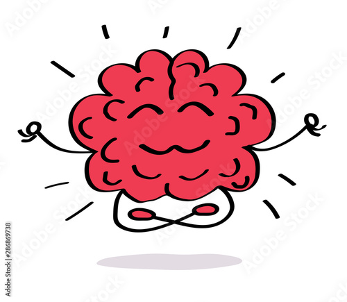 Happy brain meditates on a white background. Vector illustration. 