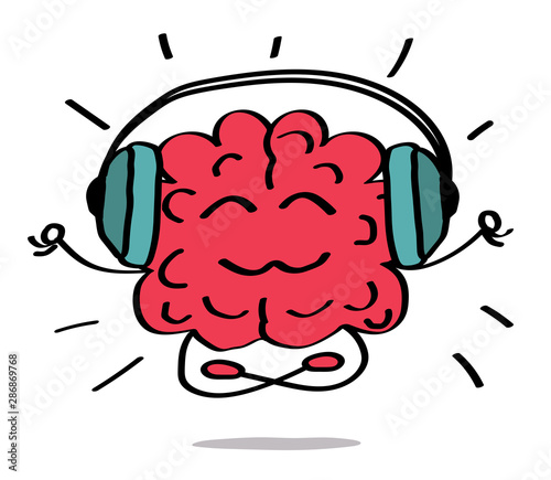 Happy brain meditates to music on a white background. Vector illustration. 