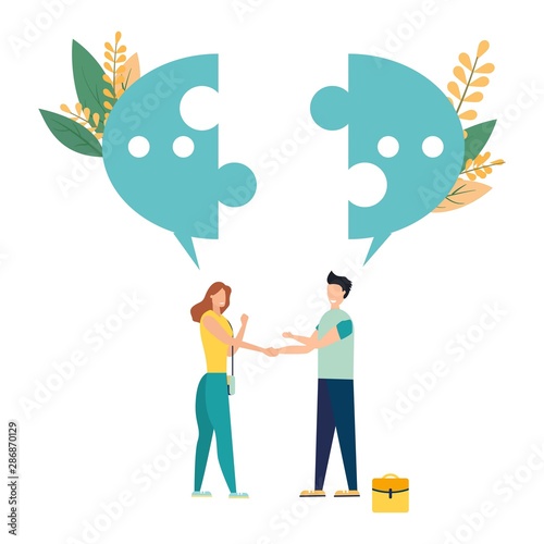 Vector illustration, flat style, businessmen discuss social networks, news, social networks, chat, dialogs, speech bubbles, thoughts puzzle