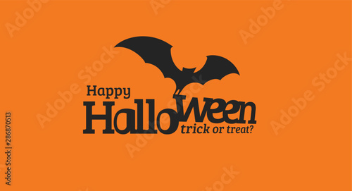 Happy Halloween text with black silhouette of flying bat. Trick or treat text. Isolated Design for halloween event, promo, logo, banner, monogram and poster. Vector illustration.