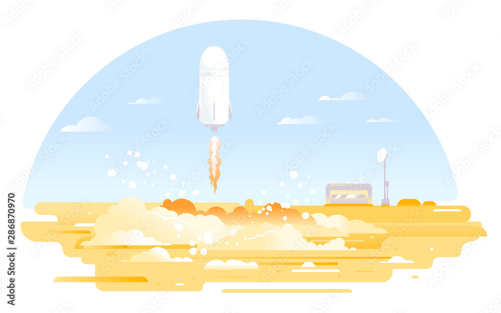 Large oval bright rocket launch in the middle of the desert with ...