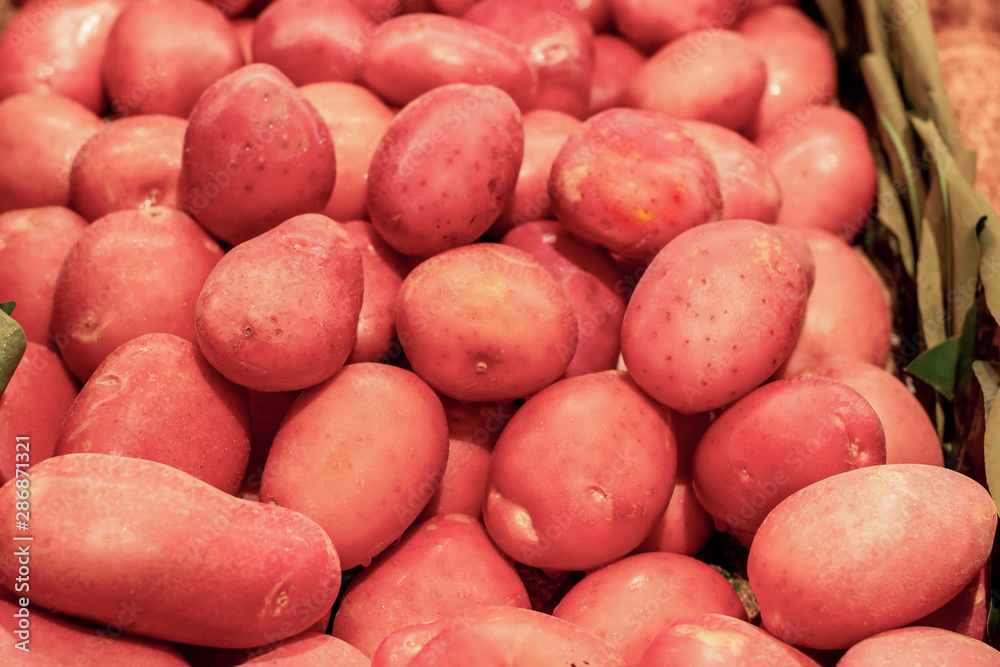Fresh red potato piled on the market. Food backgroumd. Harvest Fresh red potato piled on the market. Food backgroumd. Harvest