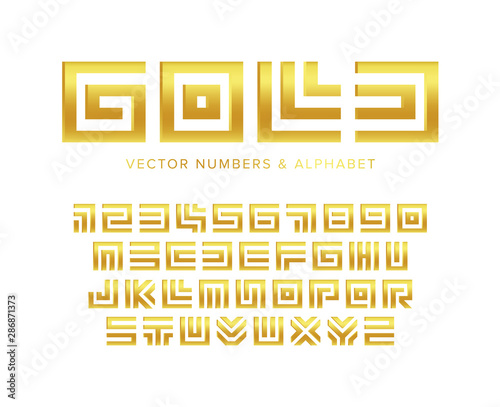 Gold letters and numbers set. Geometric maze golden Jewel style vector latin alphabet. Font for jewelry store, promotions, logos, banner, monogram and poster. Typography design.