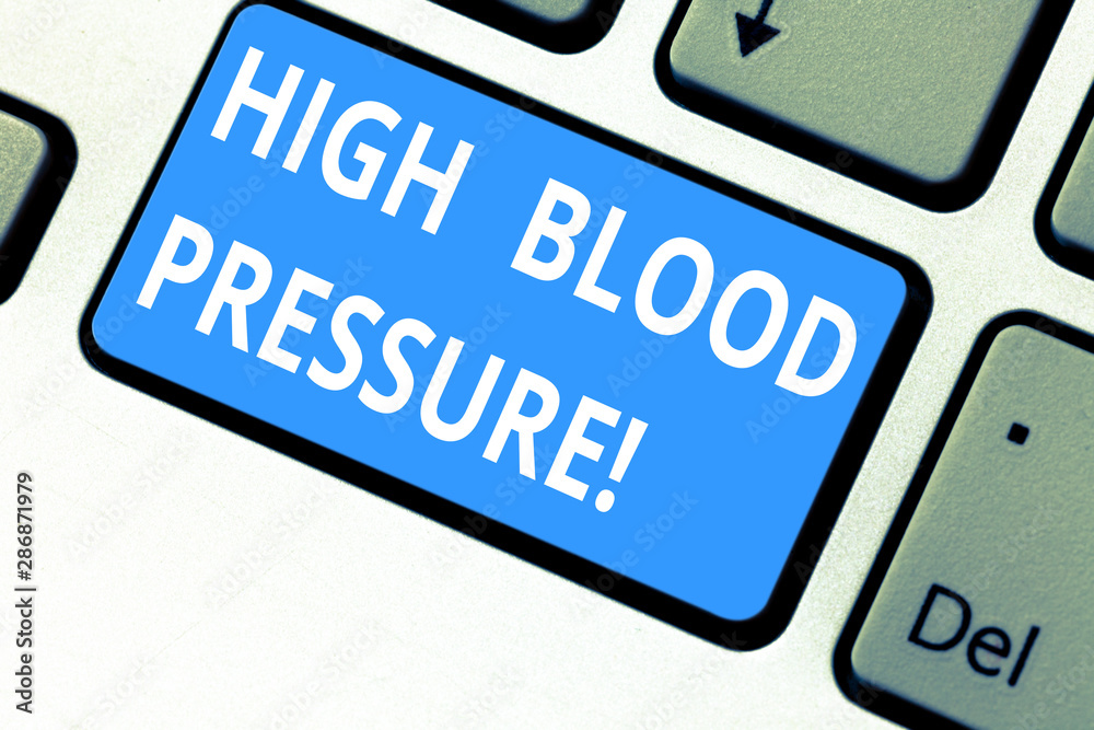 Text sign showing High Blood Pressure. Conceptual photo force pushing against walls of your blood vessels Keyboard key Intention to create computer message pressing keypad idea