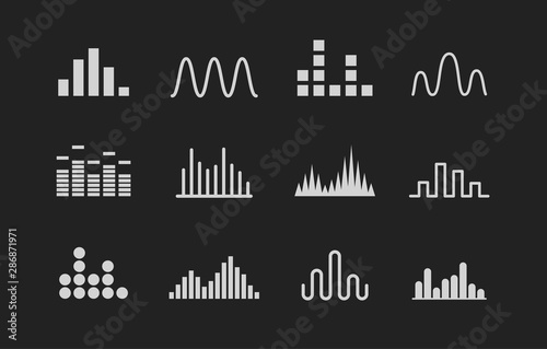 Set of Sound wave logo. Music wave white icons on black background. Vector illustration.