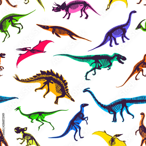 Set of silhouettes  dino skeletons  dinosaurs  fossils. Hand drawn vector illustration. Realistic Sketch collection  diplodocus  triceratops  tyrannosaurus  doodle pattern