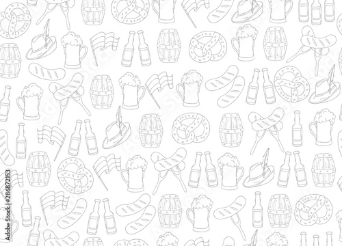 Oktoberfest seamless pattern with hand drawn colored glass of beer, hat, pretzel, sausage, flag on white. Sketch. Oktoberfest pattern