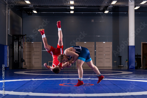 Two young men in blue and red wrestling tights are wrestlng and making a suplex wrestling on a blue wrestling carpet in the gym. The concept of male wrestling and resistance