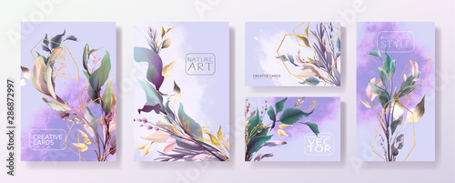 Wedding invitation frame set; flowers, leaves, watercolor, isolated on white. Sketched wreath, floral and herbs garland with green, greenery color. Handdrawn Vector Watercolour style, nature art.