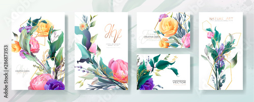 Wedding invitation frame set; flowers, leaves, watercolor, isolated on white....