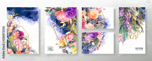 Wedding invitation frame set; flowers, leaves, watercolor, isolated on white. Sketched wreath, floral and herbs garland with green, greenery color. Handdrawn Vector Watercolour style, nature art.