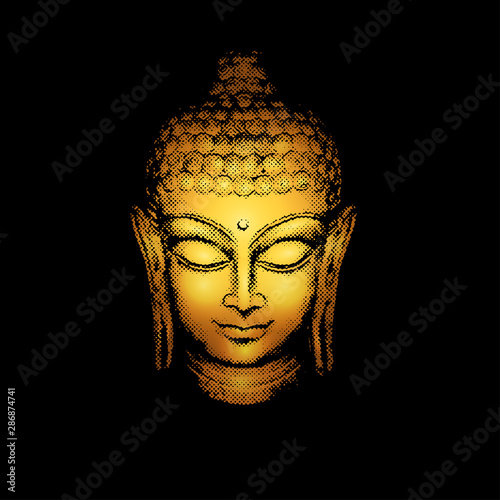 Golden Buddha head with halftone pattern effect on a black background