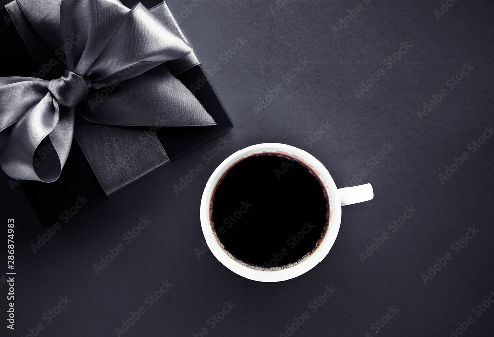 Luxury coffee brand, cup and gift box on black flatlay background - obrazy, fototapety, plakaty 