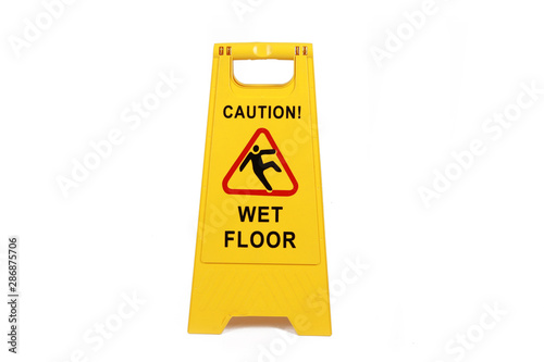 Yellow wet floor sign isolated  on white  - cleaning service  safety sign 