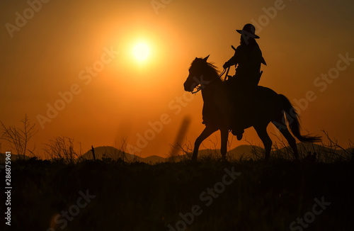 The silhouette of a man wearing a cowboy dress with a horse and a gun held in his hand
