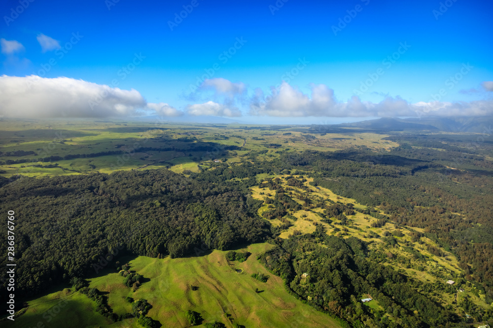 Aerial view of smooth grass and dense trees make abstract patterns heading to the horizon on the big island of Hawaii