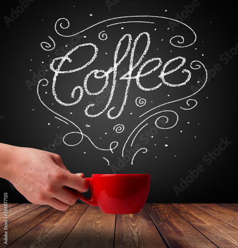 Steaming cup of coffee with white doodle line art and coffee inscription