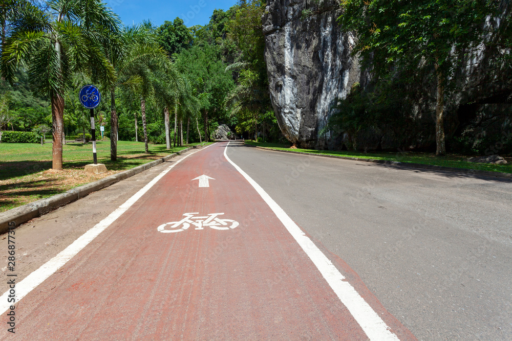 Obraz premium Bicycle lane sign on road in the park