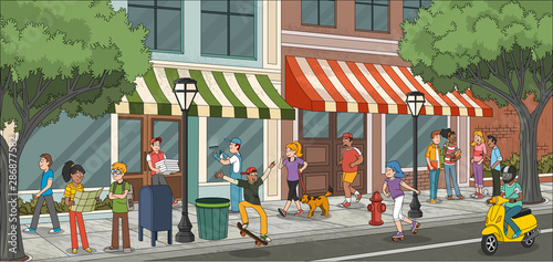 Street of a city with cartoon young people