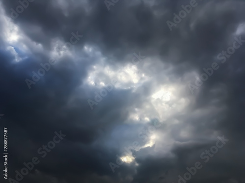 Dramatic atmosphere panorama view of blurry and scary storm sky with void of sunlight.