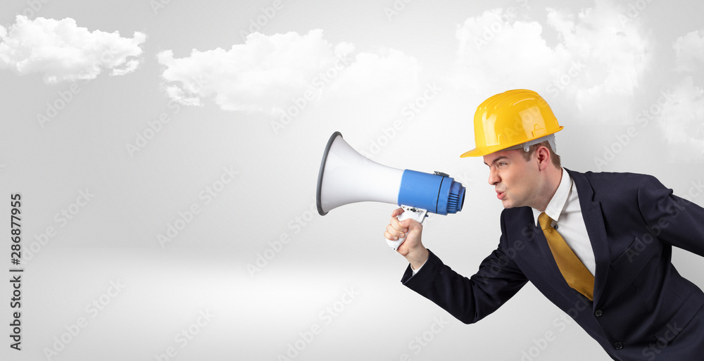 Young supervisor architect yelling to far big city panorama Young supervisor architect yelling to far big city panorama