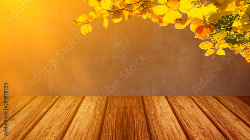 Herbst Hintergrund - Holzboden goldener leuchtendes Bokeh