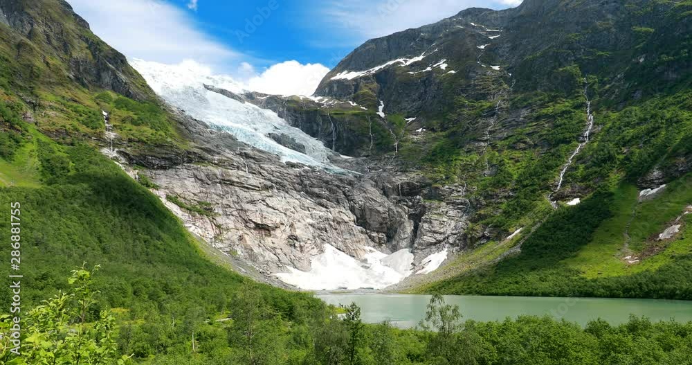 Jostedalsbreen National Park, Sogn Og Fjordane County, Norway. Boyabreen Glacier Landscape In Spring Sunny Day. Famous Norwegian Landmark And Popular Destination. Panorama.