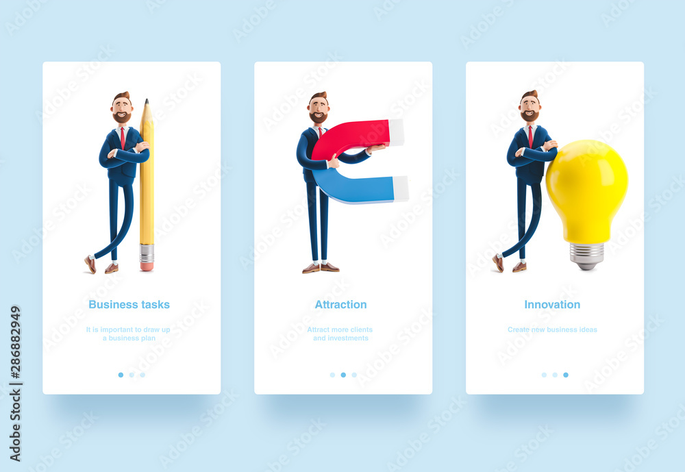 3d Illustration set. Businessman Billy with yellow bulb. Innovation and inspiration concept. Cartoon character Billy with a big pencil.  Portrait of a handsome cartoon character with magnet.